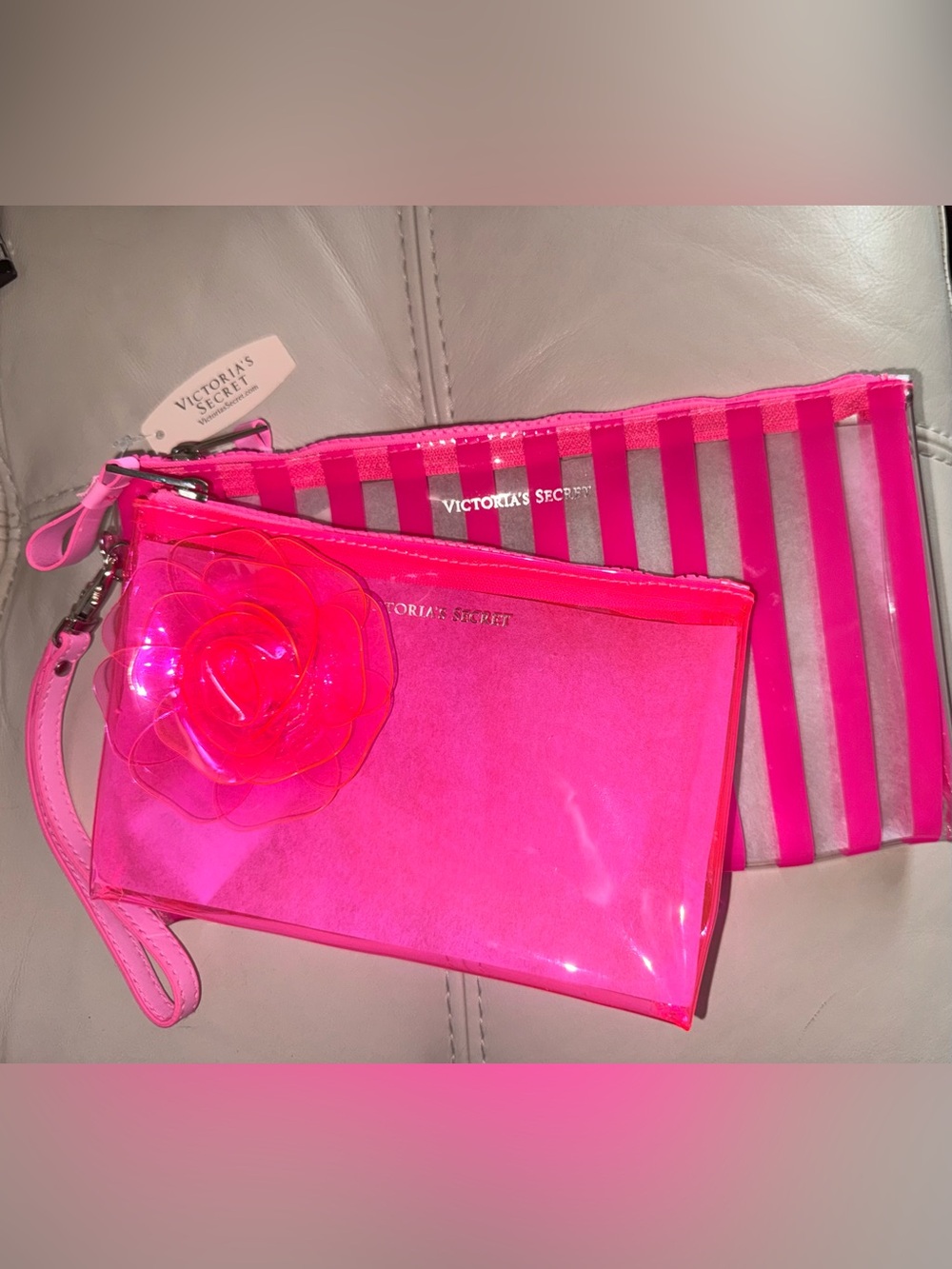 Victoria's Secret PVC Neon Pink 3D Floral Wristlet Set of 2